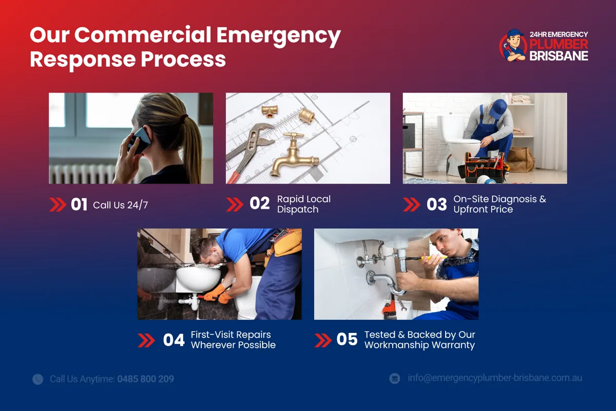 Our commercial emergency response process: call us 24/7, rapid local dispatch, on-site diagnosis and upfront price, first-visit repairs, tested and backed by our workmanship warranty