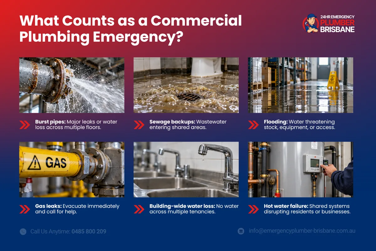 What counts as a commercial plumbing emergency in Brisbane: burst pipes, sewage backups, flooding, gas leaks, building-wide water loss and hot water failure
