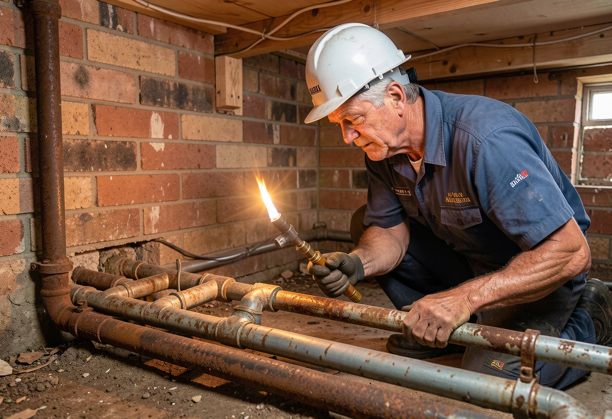 Plumber inspecting old corroded pipework under an older Aspley home