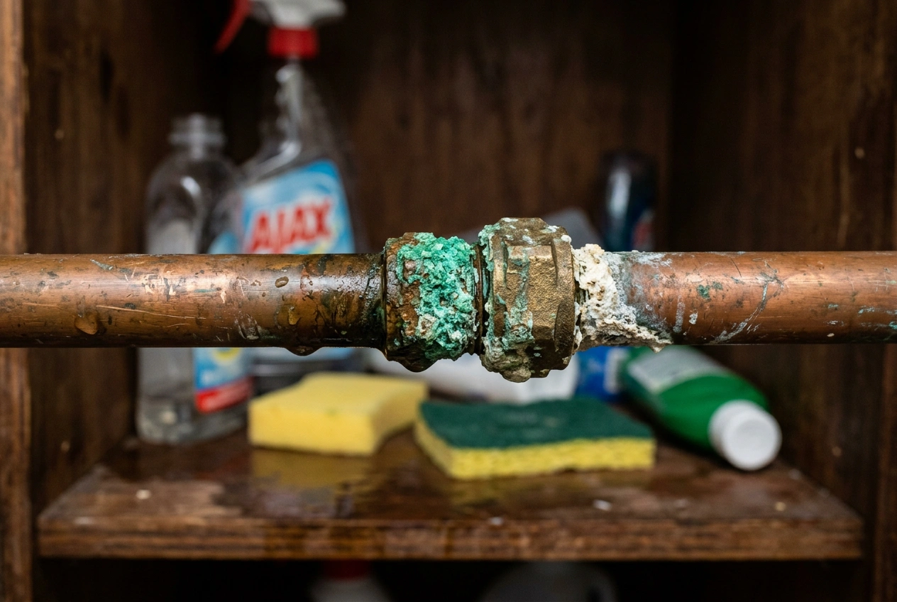 Close-up of a corroded copper water pipe joint under a kitchen sink with visible green verdigris and mineral build-up