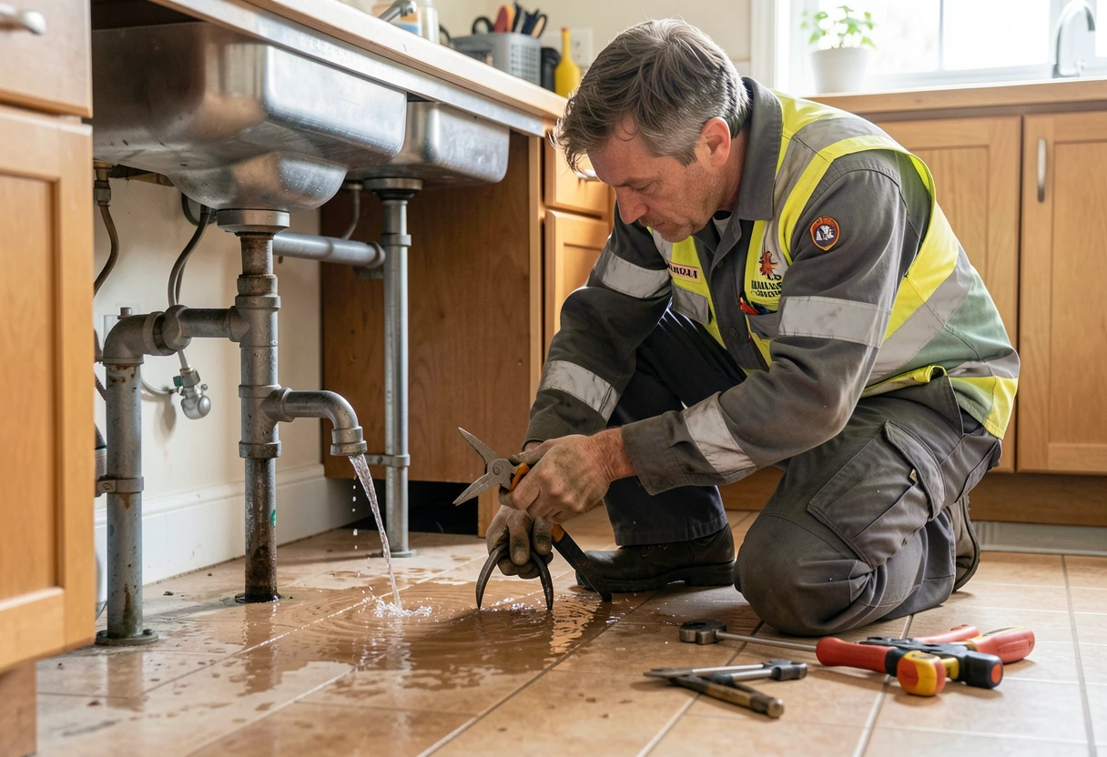 Emergency plumber fixing a burst pipe in an Aspley home, available 24/7