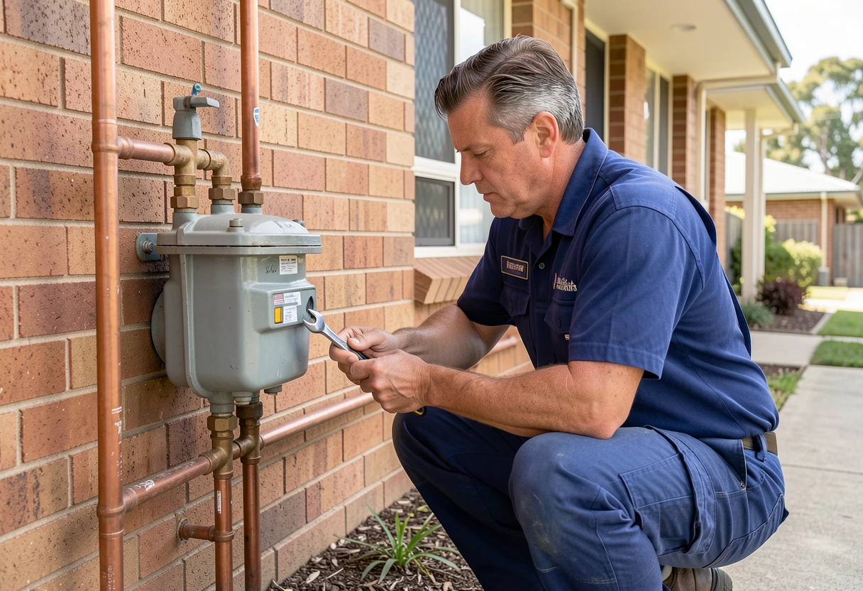 Licensed gas plumber checking a residential gas meter and line in Aspley