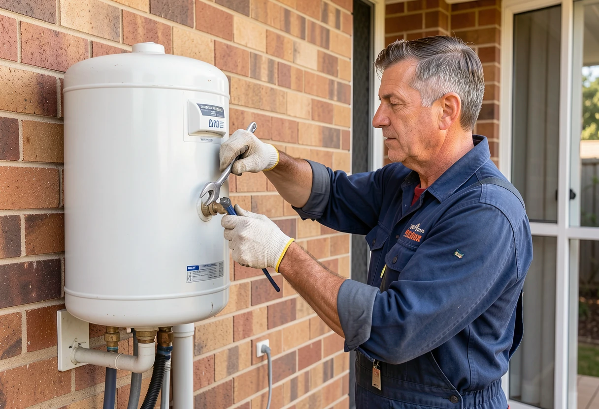 Plumber servicing a residential hot water system on an Aspley home